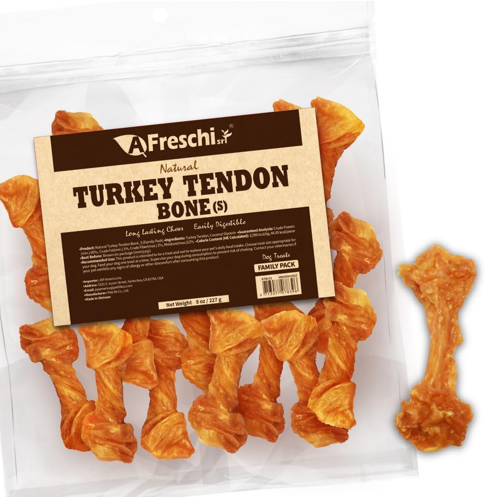 AFreschi Turkey Tendons for Dogs, USA-Sourced, Healthy Dog Treats, Rawhide-Free Puppy Chews, Long Lasting, All Natural, Hypoallergenic Dog Treats for Small Breeds, 8 oz Pack Bone (S)