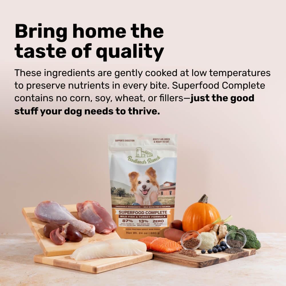 BADLANDS RANCH - Superfood Complete, Air-Dried Adult Dog Food - High Protein, Zero Fillers, Superfood Nutrition by Katherine Heigl (64 oz., Wild Fish and Turkey Formula)