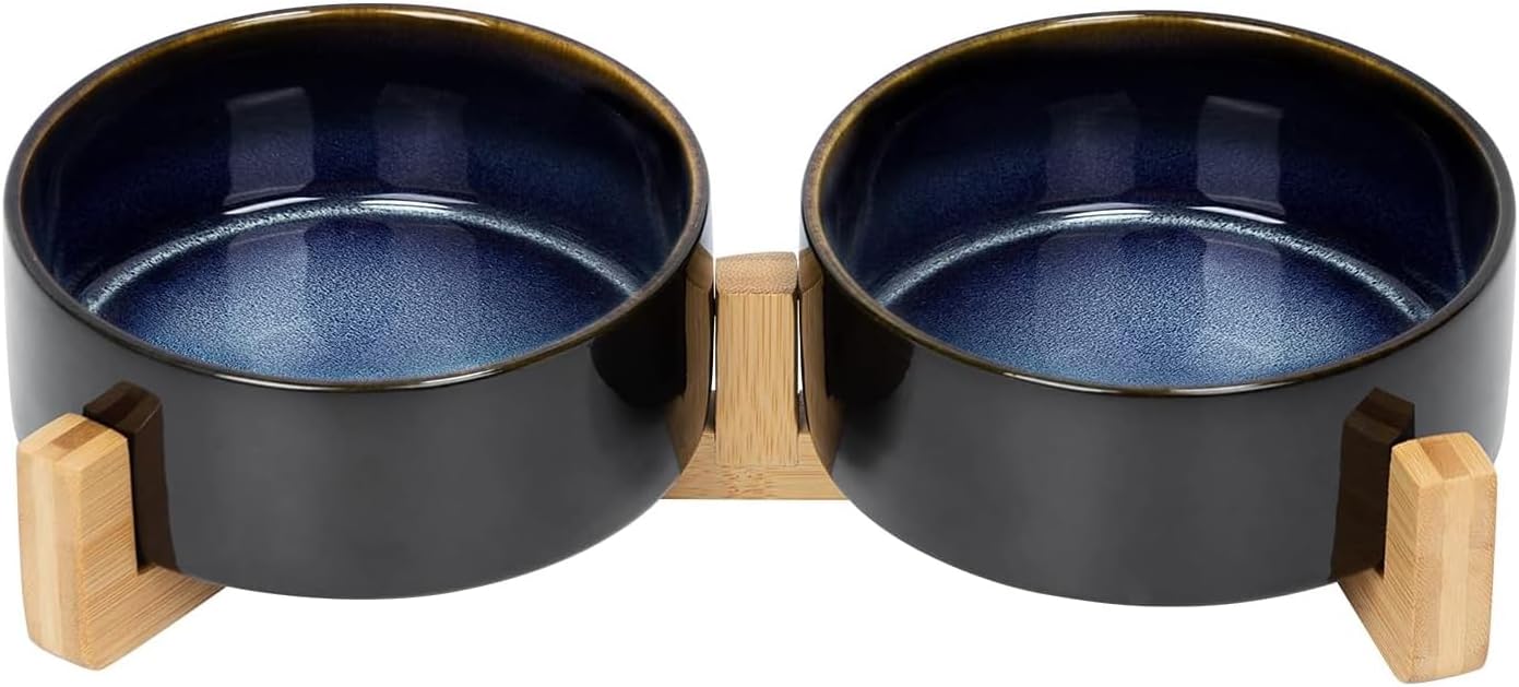 SPUNKYJUNKY Ceramic Dog and Cat Bowl Set with Wooden Stand, Modern Cute Weighted Food Water Set for Small Size Dogs (13.5OZ) & Medium Sized Dogs (28.7OZ) & Cats (1.7 Cups, 2 × Starry Blue)