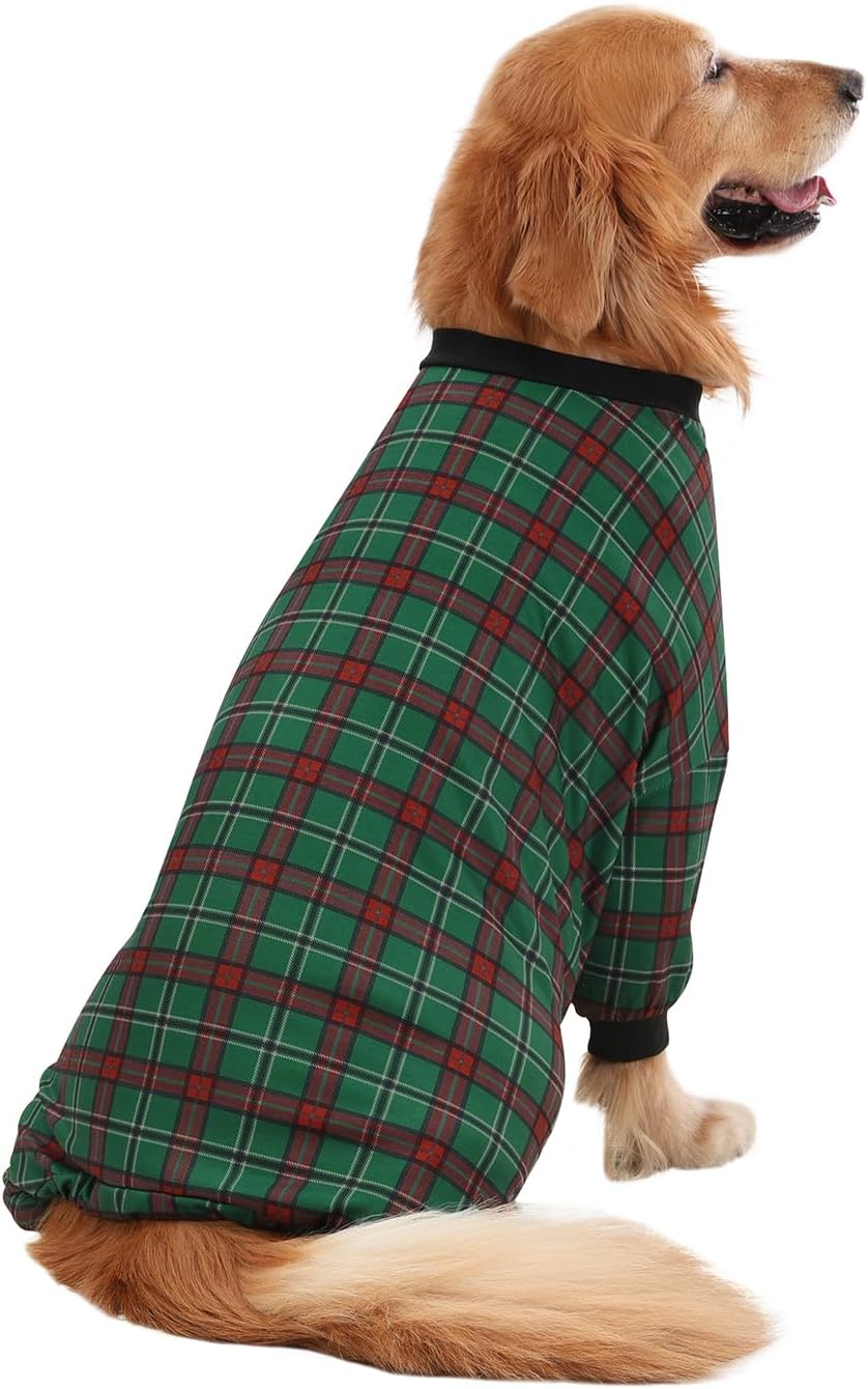 HDE Dog Pajamas One Piece Jammies Jumpsuit Pet Clothes Outfit Stretchy Lightweight Comfy Shirt Pjs for M-3XL Dogs Holiday Plaid - XL