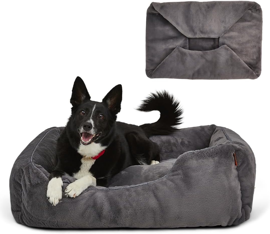 FUZI Luxury Aesthetic Dog Bed with Extra Cover for Large Dogs, Washable Pet Couch, Pet Bed with Sides, Non-Slip Bottom, Soft and Durable Calming Dog Bed, Faux Rabbit Fur, Large 35.6x28.5x9.5 Dark Grey