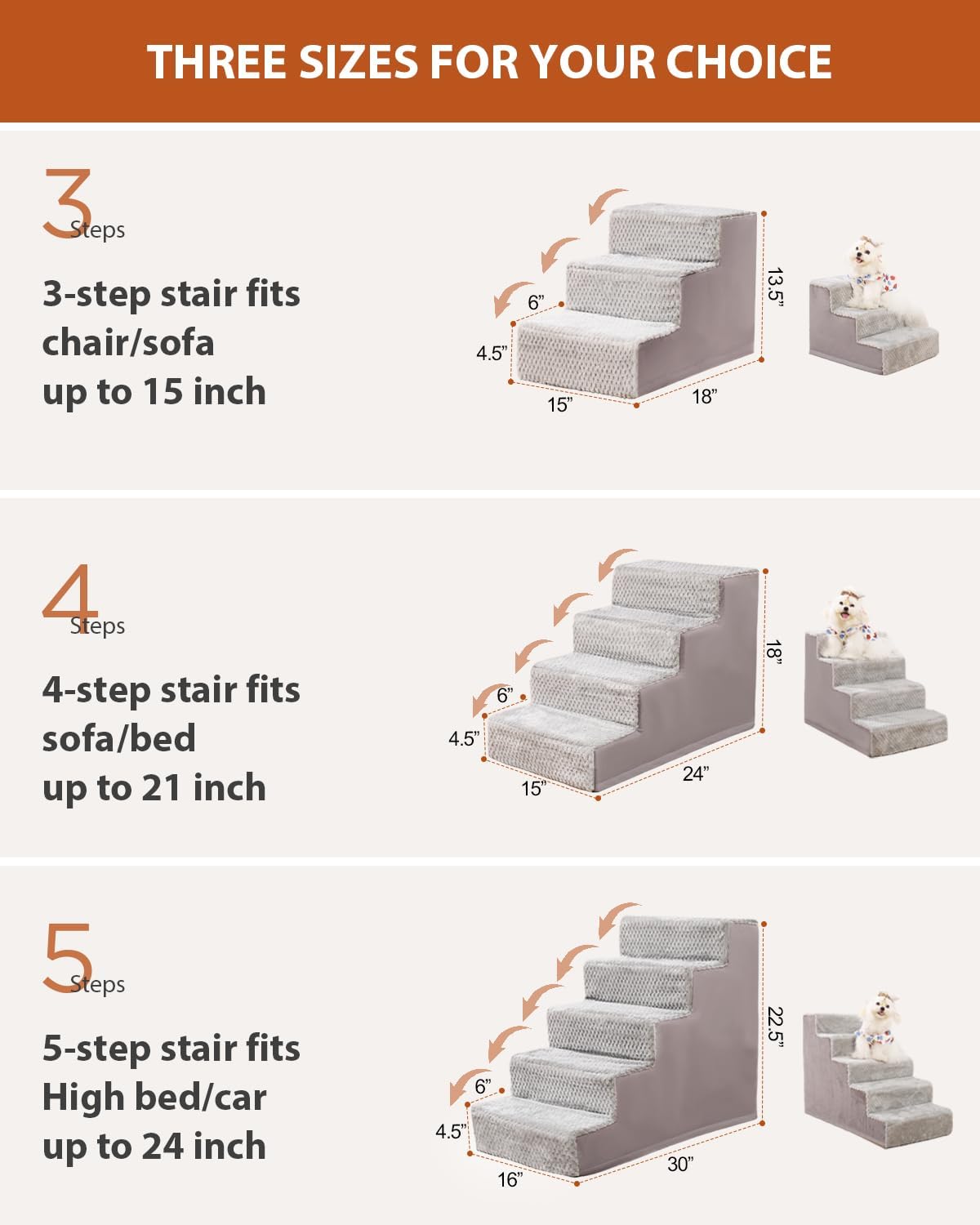 Dog Stairs for Small Dogs,13" H,3-Step Dog Steps for High Bed,Couch,Pet Stairs for Dogs and Cats Climbing with Non-Slip Bottom and Washable Cover,Light Grey