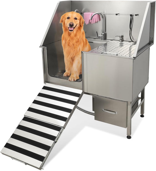 50" Dog Washing Station, Professional Stainless Steel Pet Dog Bathing Station with Ramp, Faucet, Storage Drawer, Floor Grate Dog Bathtub for Large, Medium, Small Pets (Left Ramp)