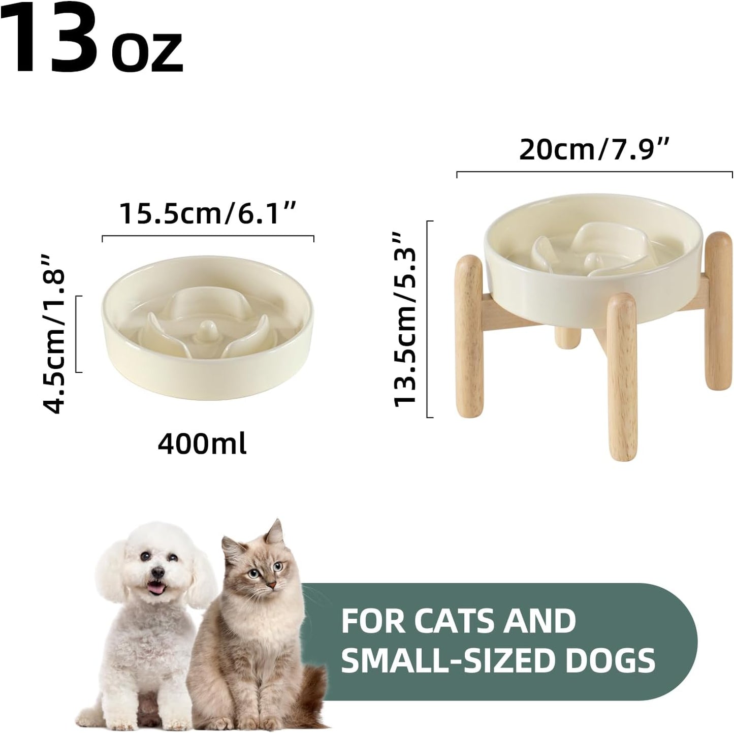 6.1inch Ceramic Raised Dog Slow Feeder Set, Elevated Bowl with Wooden Stand for Small Dog and Cat, Puzzle Slow Dog Food Dish, Anti-Gulping(Beige, Single Bowl+ Stand)