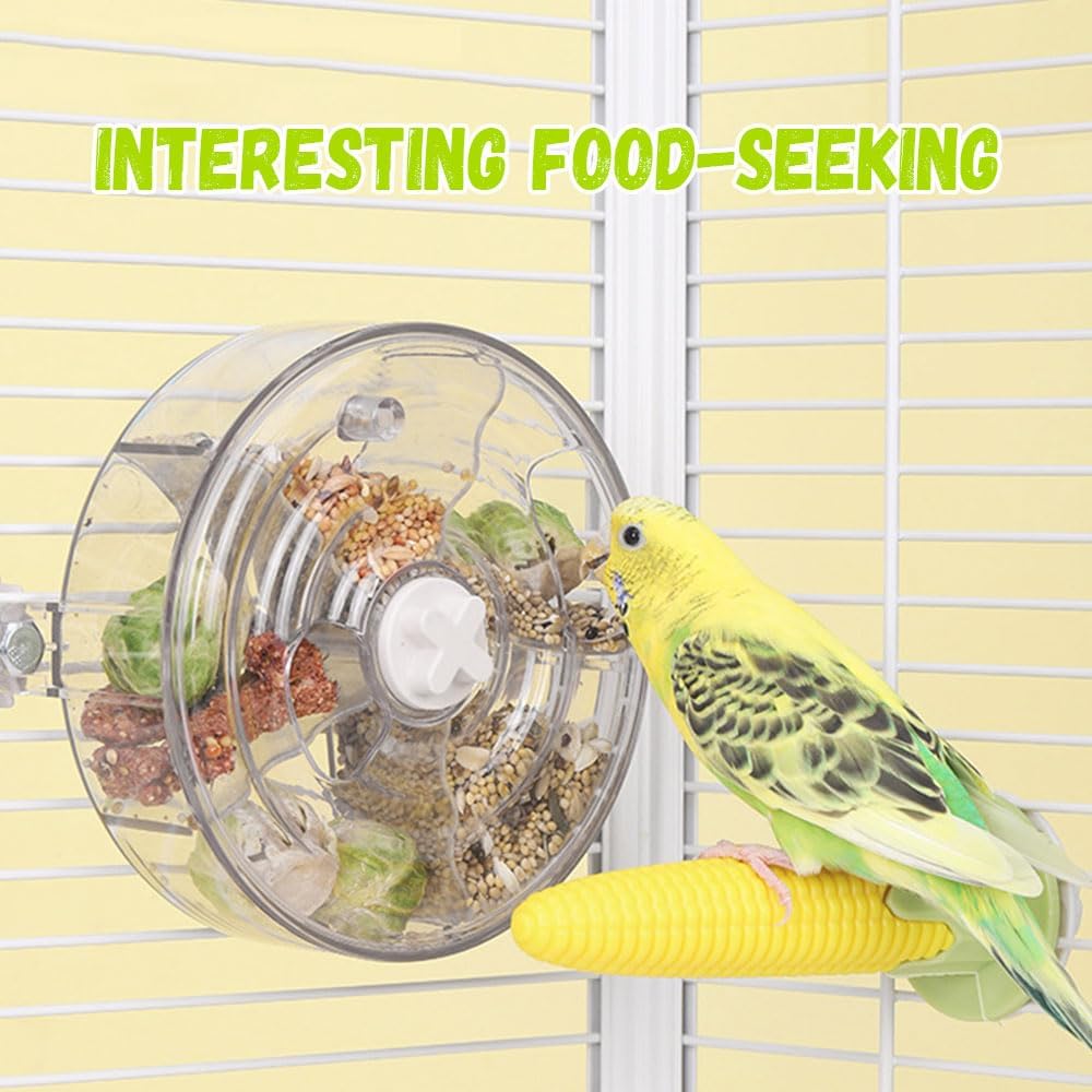 Transparent Rotating Anti Spill Parrot Feeder Bowl Cage Mounted Foraging Toy for Cockatiel Budgies Lovebirds Small Medium Parrots