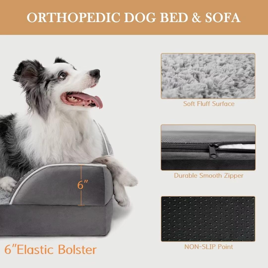 Comfort Expression XXL Orthopedic Dog Bed for Extra Large Dogs, Waterproof Orthopedic Foam Dog Beds, Washable Dogs Sofa Beds with Removable Cover & Non-Slip Bottom(XX-Large,Grey)