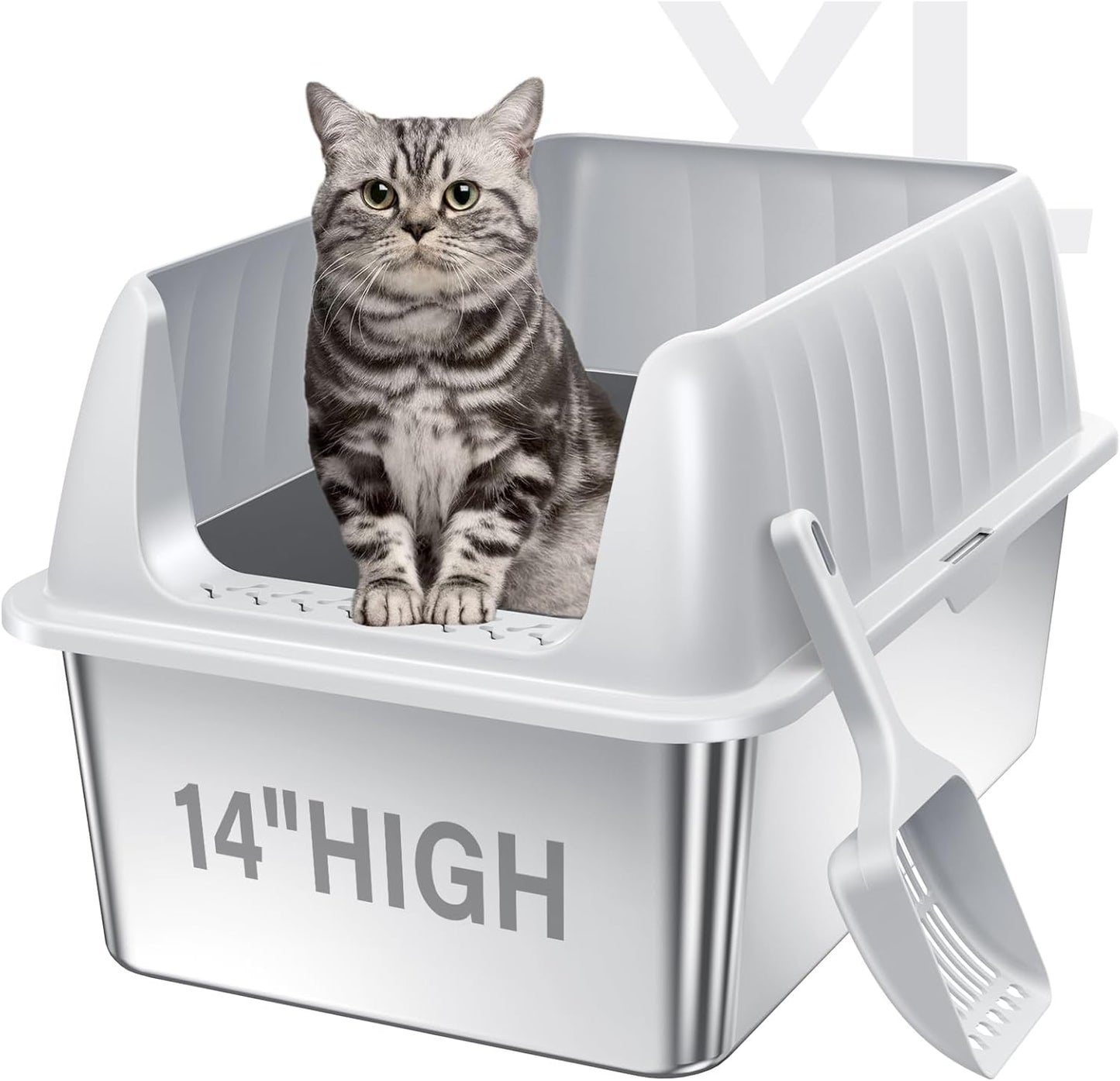 Cat Litter Box Stainless Steel XL with Lid, Enclosed Metal Extra Large Litter Box Pan High Sided with Scoop for Big Cats, Non-Sticky, Anti-Urine Leakage, Easy Cleaning