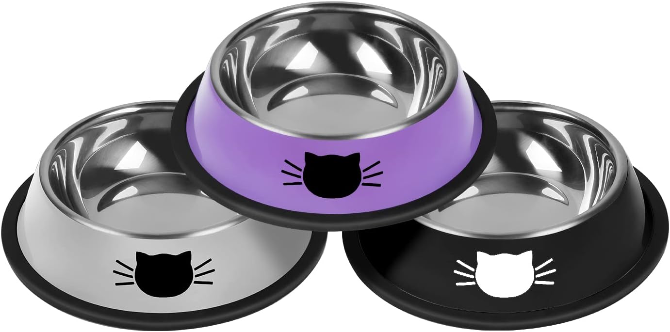 3Pcs Cat Bowls Non-Slip Stainless Steel Small Cat Food Bowl Unbreakable Thick Rubber Base Easily Clean Lovely Color