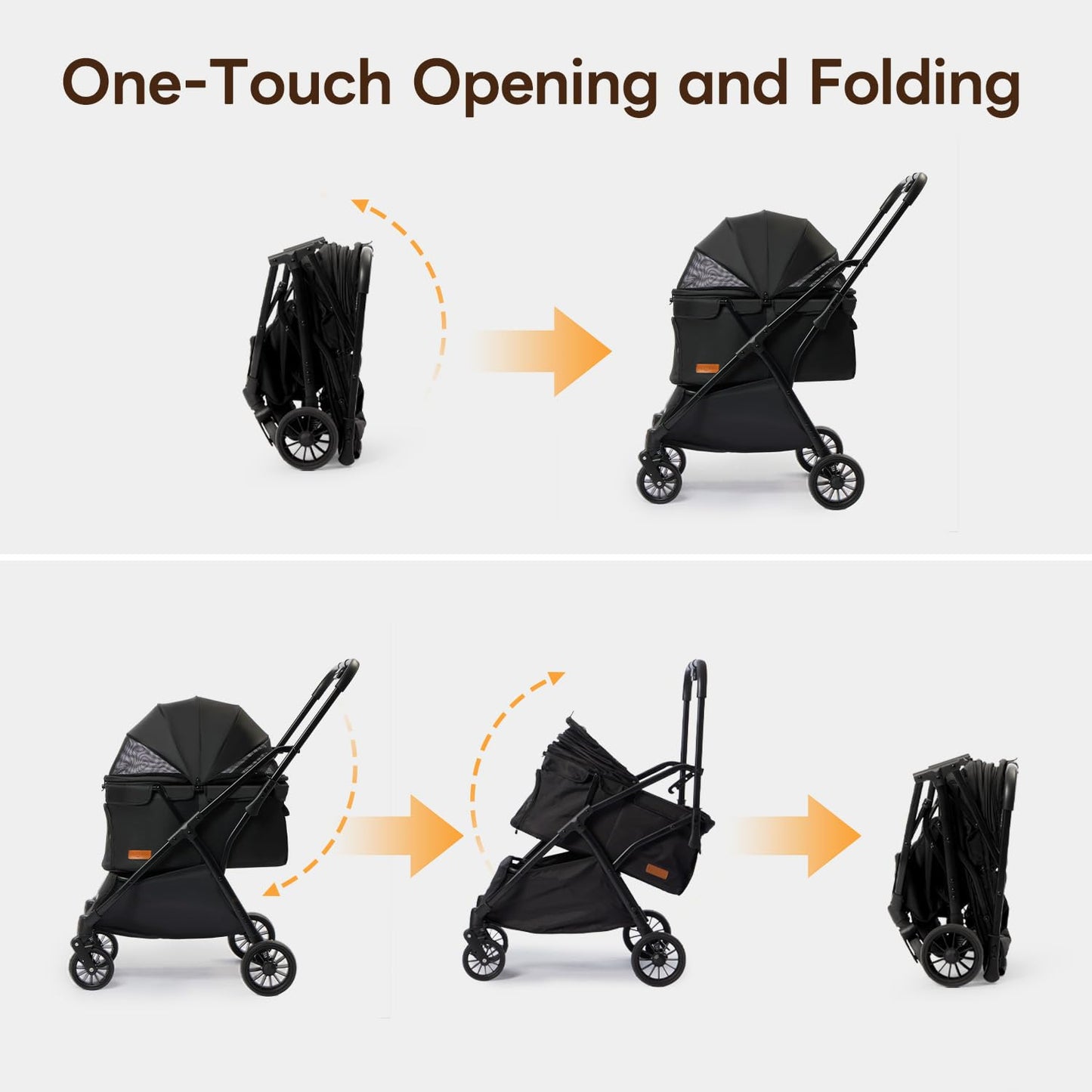 【One-Pull Open Ver.】 PETTENA One-Touch Foldable Dog Stroller for Small Dogs Cats up to 44 Lbs, Cat Stroller for 2 Cats, Large Space, Black