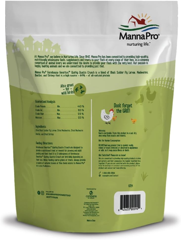 Manna Pro Farmhouse Favorites Quirky Quatro Crunch – 100% Natural Protein Treat for Mixed Flocks – Blend of Black Solider Fly Larvae, Mealworms, Beetles & Shrimp – 2lb