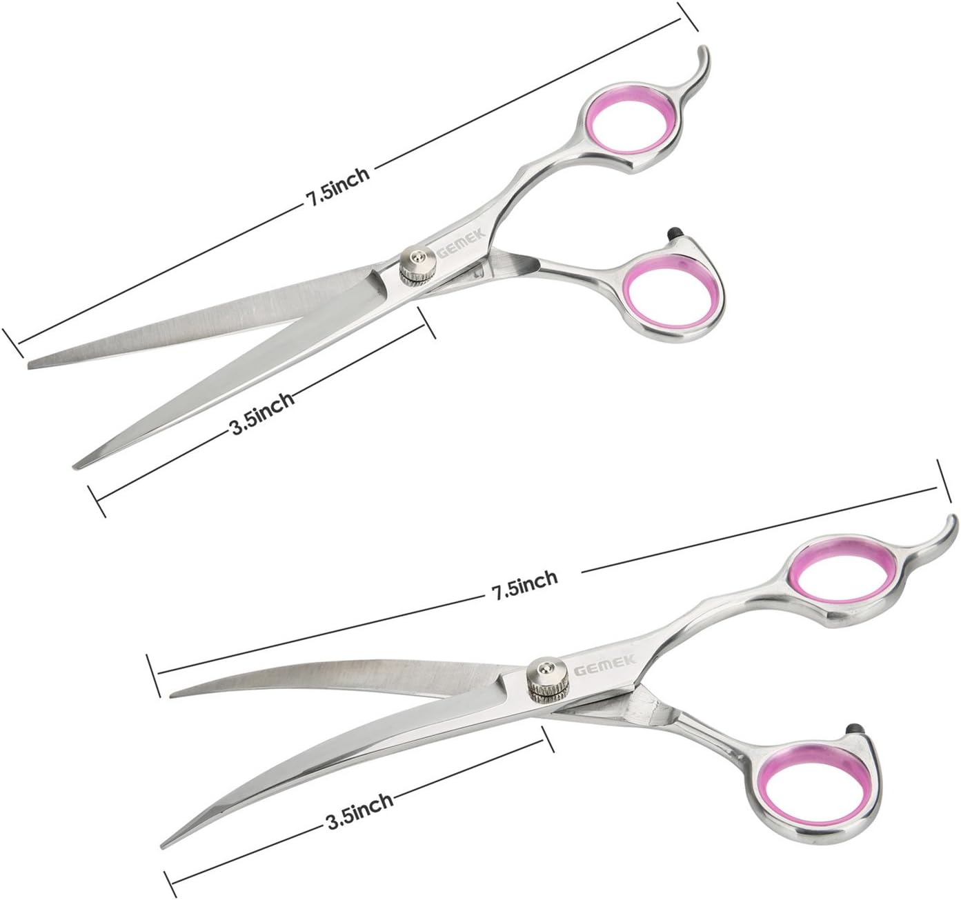 GEMEK Pet Cat Dog Grooming Scissors Set 4 Pieces Stainless Steel Professional Pet Trimmer Kit - 7.5 inch Straight Cutting, Thinning Shears, Curved, Grooming Combs