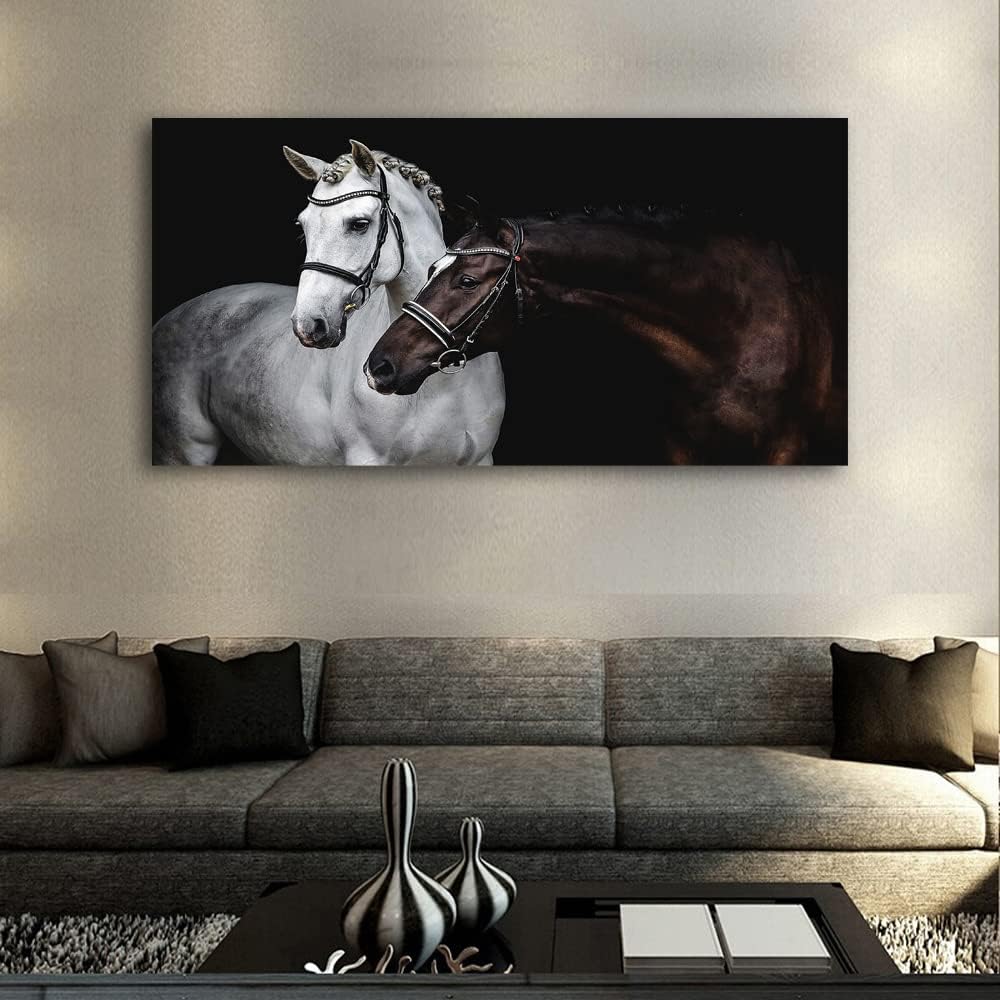 Jiuqinghua Wall Art Canvas Print Picture White and Brown Horses 1 Panel Wild Animal Painting Artwork for Living Room Bedroom Office Home Wall Decor Stretched and Framed Ready to Hang 24x48inches