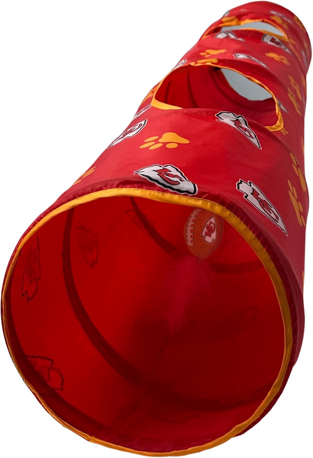 NFL Kansas City Chiefs Cat Tunnel Tube Toy with Plush Football Catnip and Feathers Collapsible Tunnel for Cats to Play, Peek and Hide, Sporty & Fun Cat Tunnel Toy with Team Logo All-Over Design!