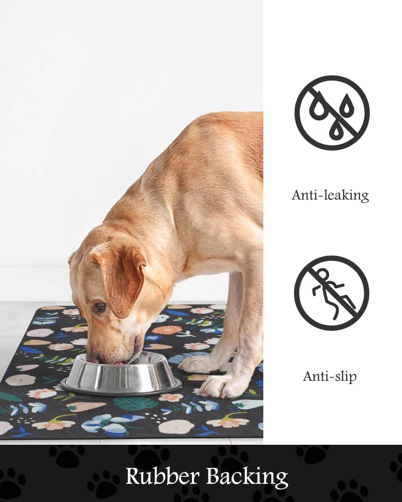 Pet Feeding Mat-Absorbent Dog Mat for Food and Water Bowl-No Stains Quick Dry Water Dispenser Mat-Dog Accessories Pet Supplies-Bowl for Messy Drinkers（DARKFLOWERS,17"x34"