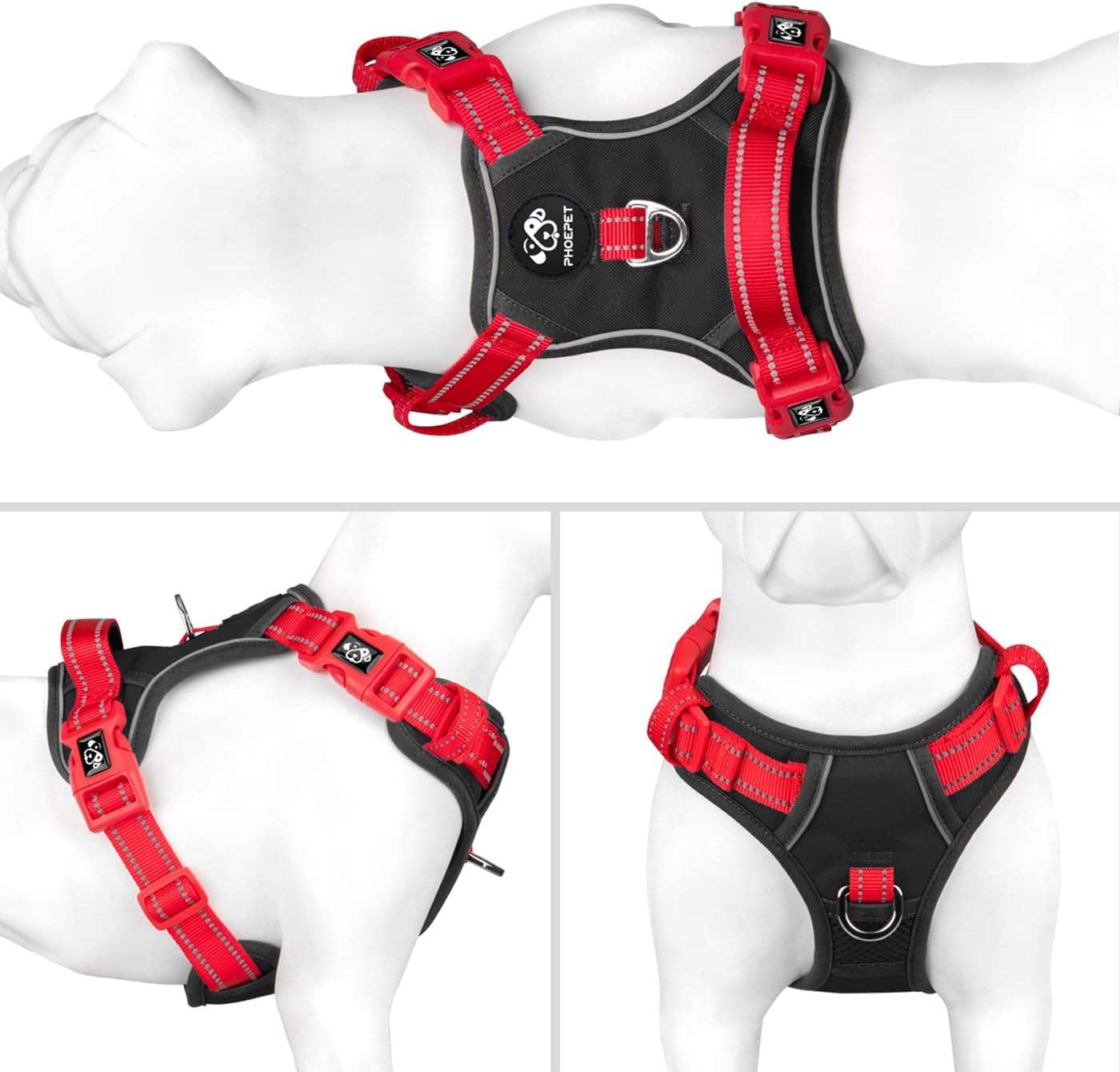 PHOEPET No Pull Dog Harness, Unique Colors Reflective Adjustable Dog Vest, with Soft Training Handle Metal Clips for Small Medium Large Dogs (Black Base & Red Straps,M)
