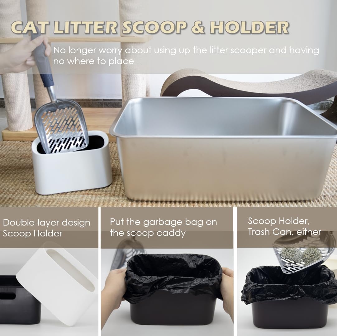 Heavy-Duty Metal Cat Litter Scoop with Holder, Aluminum Cats Litter Scooper Captures All Clumps, Kitty Metal Scooper and Holder (White)