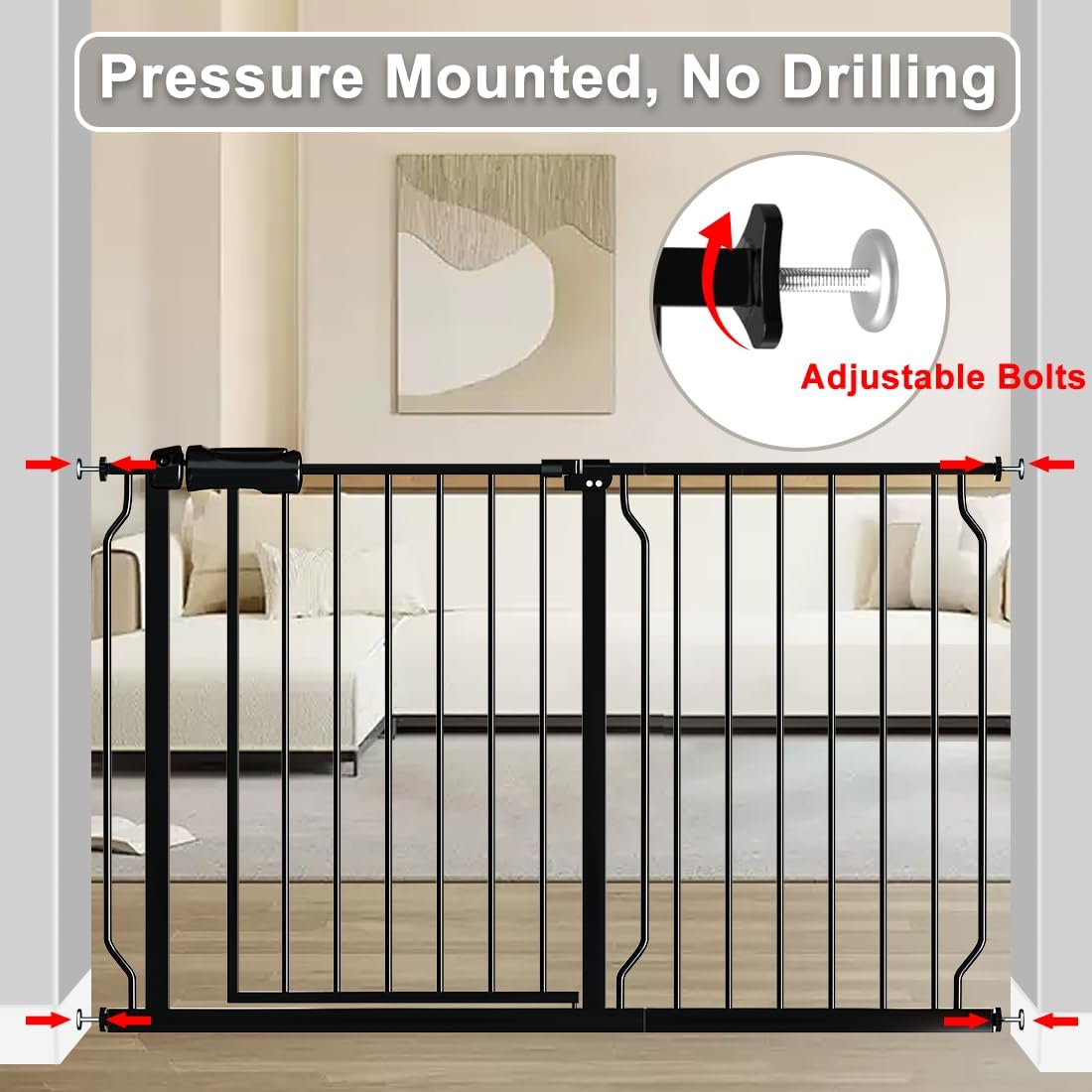 Fairy Baby Walk Through Baby Gate 38.5-43.5 Inch Wide, Pressure Mounted Safety Gate with Door No Drill, Black Tension Metal Gate for Dog and Toddler