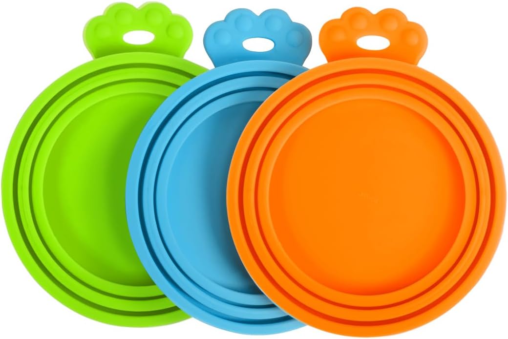 PetBonus 3 Pack Silicone Pet Can Cover Lids, Universal Size for Dog Cat Food, 1 fit 3 Standard Size Can Tops, BPA Free Dishwasher Safe (Blue, Green, Orange)