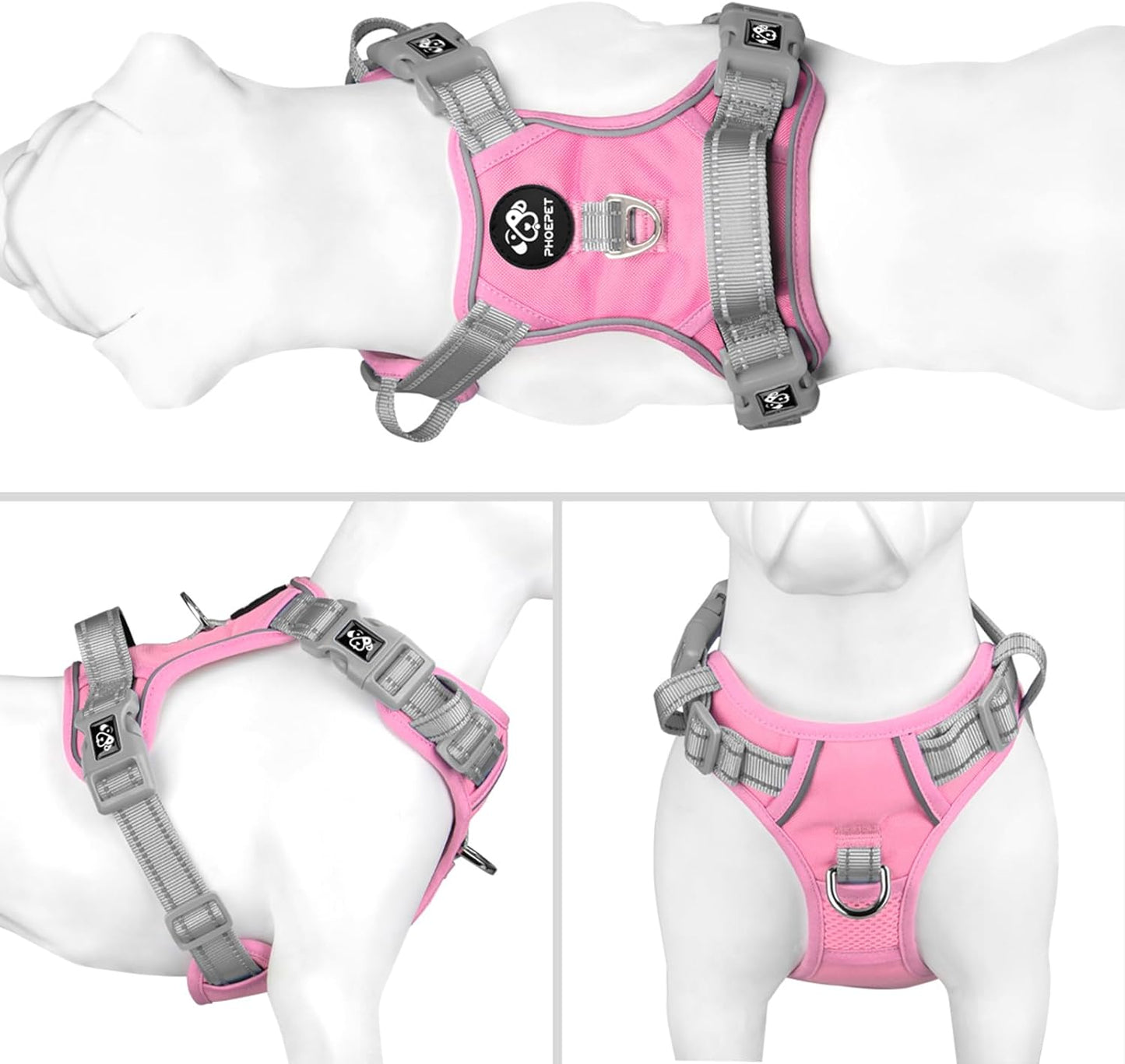 PHOEPET No Pull Dog Harness, Unique Colors Reflective Adjustable Dog Vest, with Soft Training Handle Metal Clips for Small Medium Large Dogs (Baby Pink Base & Grey Straps,S)