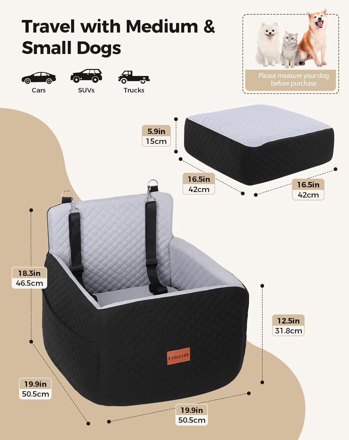 Dog Car Seat for Small & Medium Dogs Under 35lbs, Detachable & Washable Pet Car Seat, Interior Height 6 Inches Pet Travel Bed with Storage Pockets and 2 Dog Safety Belts (Black/Gray)