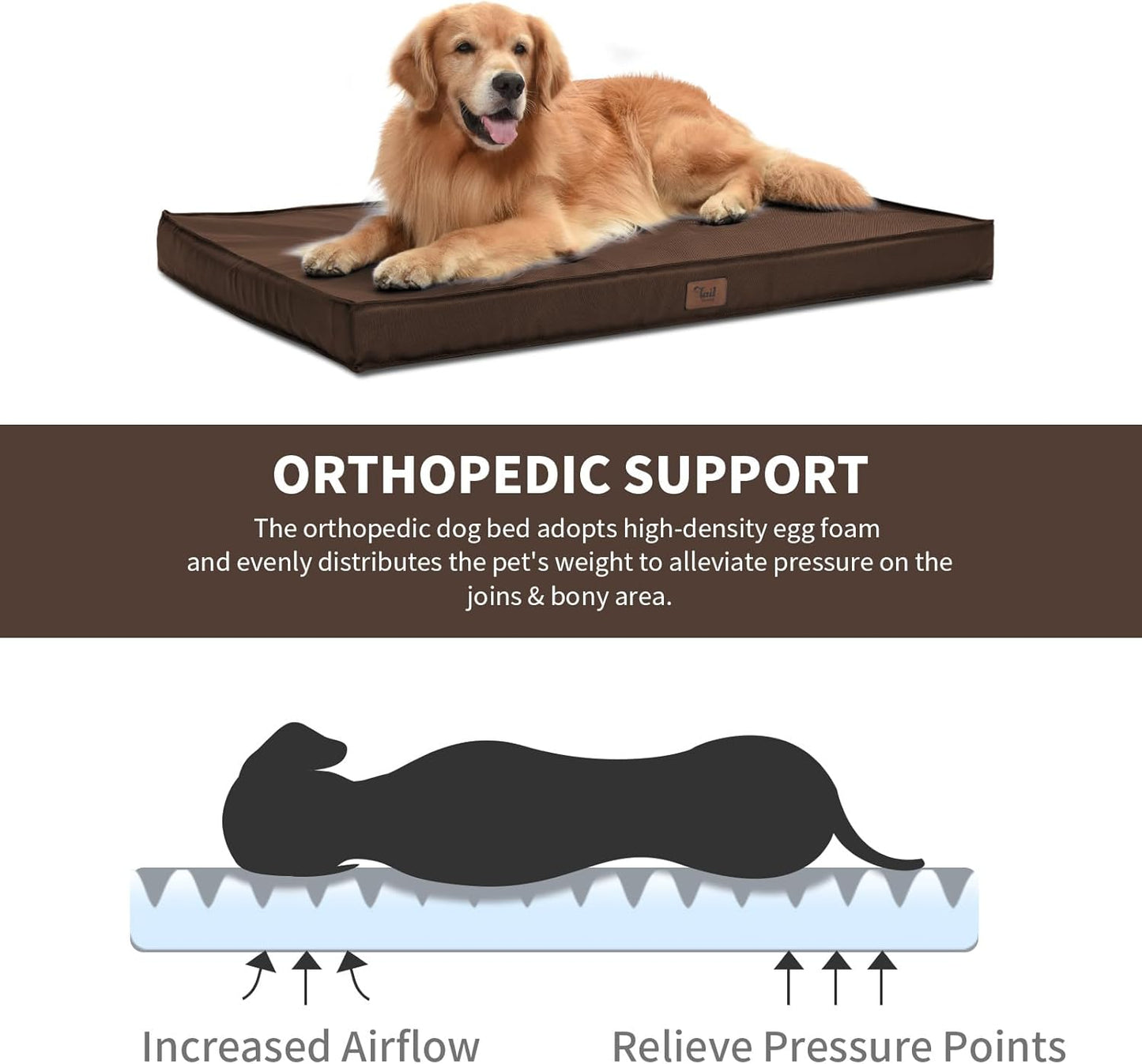 Outdoor Dog Bed Waterproof, Outside Cooling Dog Bed for Medium Dogs, Orthopedic Egg Foam Pet Bed with Removable Washable Oxford Cover, Brown