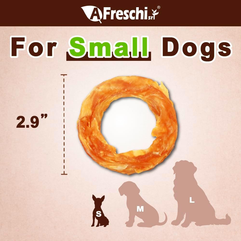 AFreschi Turkey Tendons for Dogs, USA-Sourced, Healthy Dog Treats, Rawhide-Free Puppy Chews, Long Lasting, All Natural, Hypoallergenic Dog Treats for Small Breeds, 8 oz Pack Ring (S)