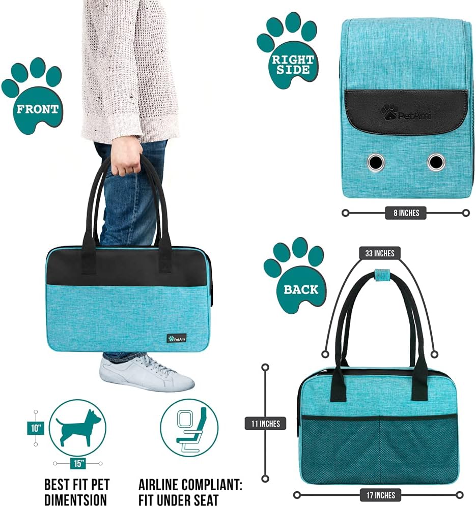 PetAmi Dog Purse Carrier for Small Dogs, Airline Approved Soft Sided Pet Carrier with Pockets, Ventilated Dog Carrying Bag for Puppy Cat, Dog Travel Supplies Bag, Sherpa Bed, Max 12 lbs, Teal Blue