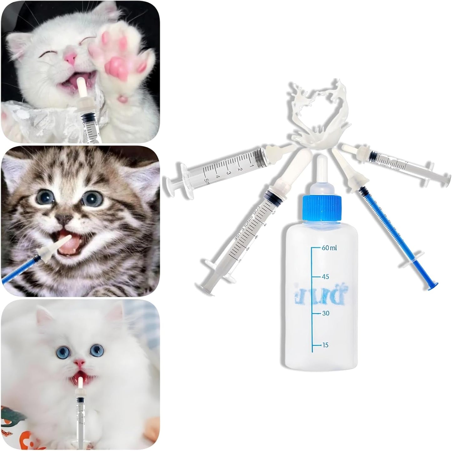 Kitten Bottle Feeding Kit 1ml 3ml 5ml 10ml 60ml - Kitten Puppy Milk Replacement Small Animals Waterer Feeder Newborn Puppy Bottles for Nursing