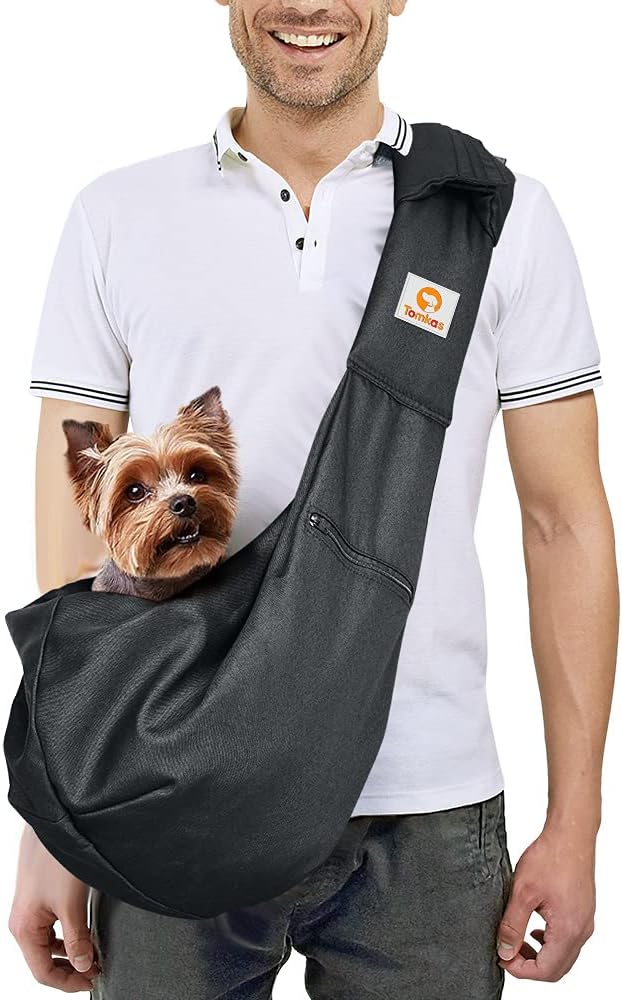 Tomkas Small Dog Sling Carrier - Zipper pocket & Adjustable strap & Zip Pocket - for 8 - 15 lbs pets(Black)Pupppy