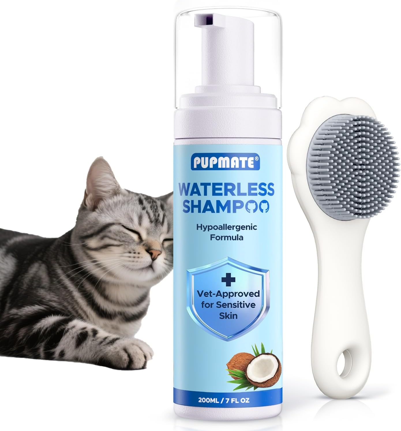 Cat Waterless Shampoo with Brush - No Rinse Formula for Quick Clean Between Baths, Hypoallergenic & Detangling, Reduce Itchy Skin Shedding, Vet-Recommended for Kittens/Senior Cats, Coconut Scent