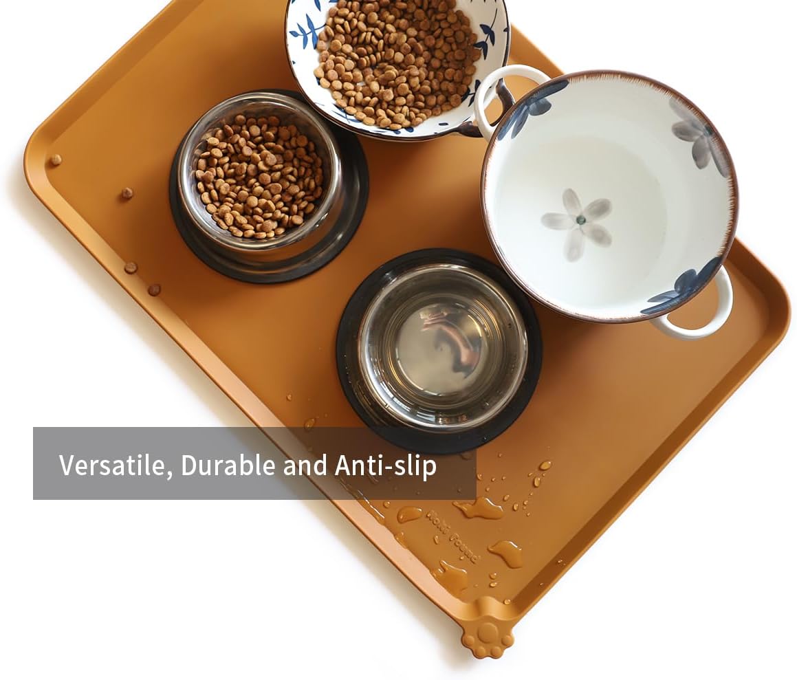 Hoki Found Large Silicone Pet Food Mats Tray - Non Slip Pet Dog Cat Bowl Placemats - Dog Cat Feeding Mat - Waterproof - Butterscotch