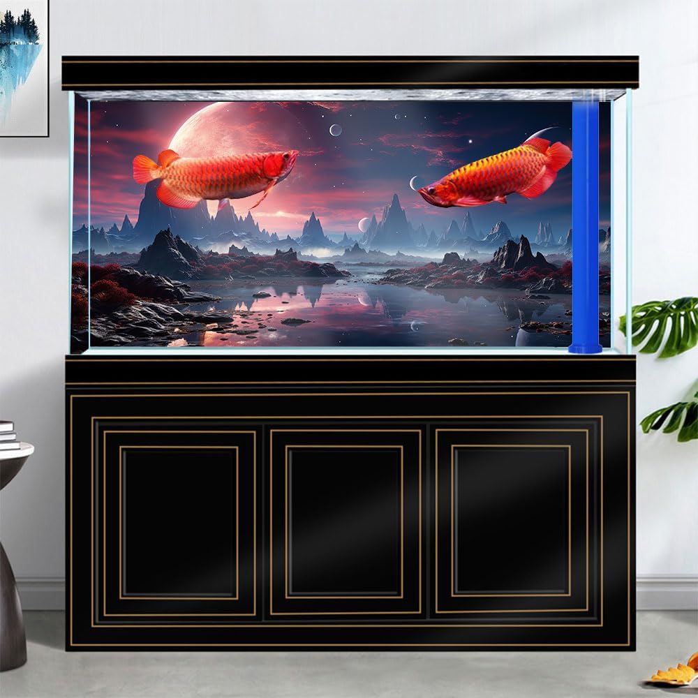 60X24IN Cosmic Spaceterrarium Background, Cool Parallel Space Themed Aquarium Reptile Habitat Background, Red Moon Aquarium Background with 10EVA Double-Sided Tape