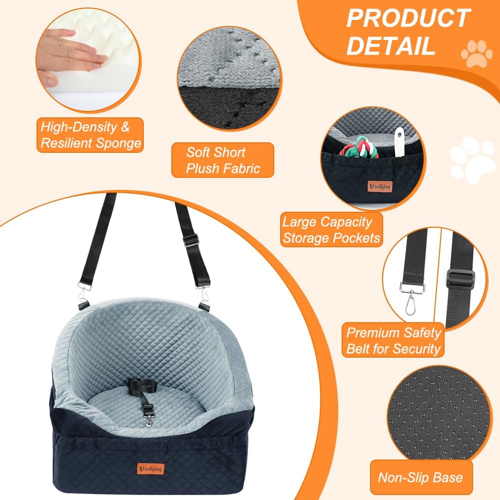 Vivifying Dog Car Seat for Small & Medium Dogs, Detachable & Washable Booster Seat for Pets Up to 30lbs, Travel Bed with Storage Pockets and Safety Belt – Gray&Black