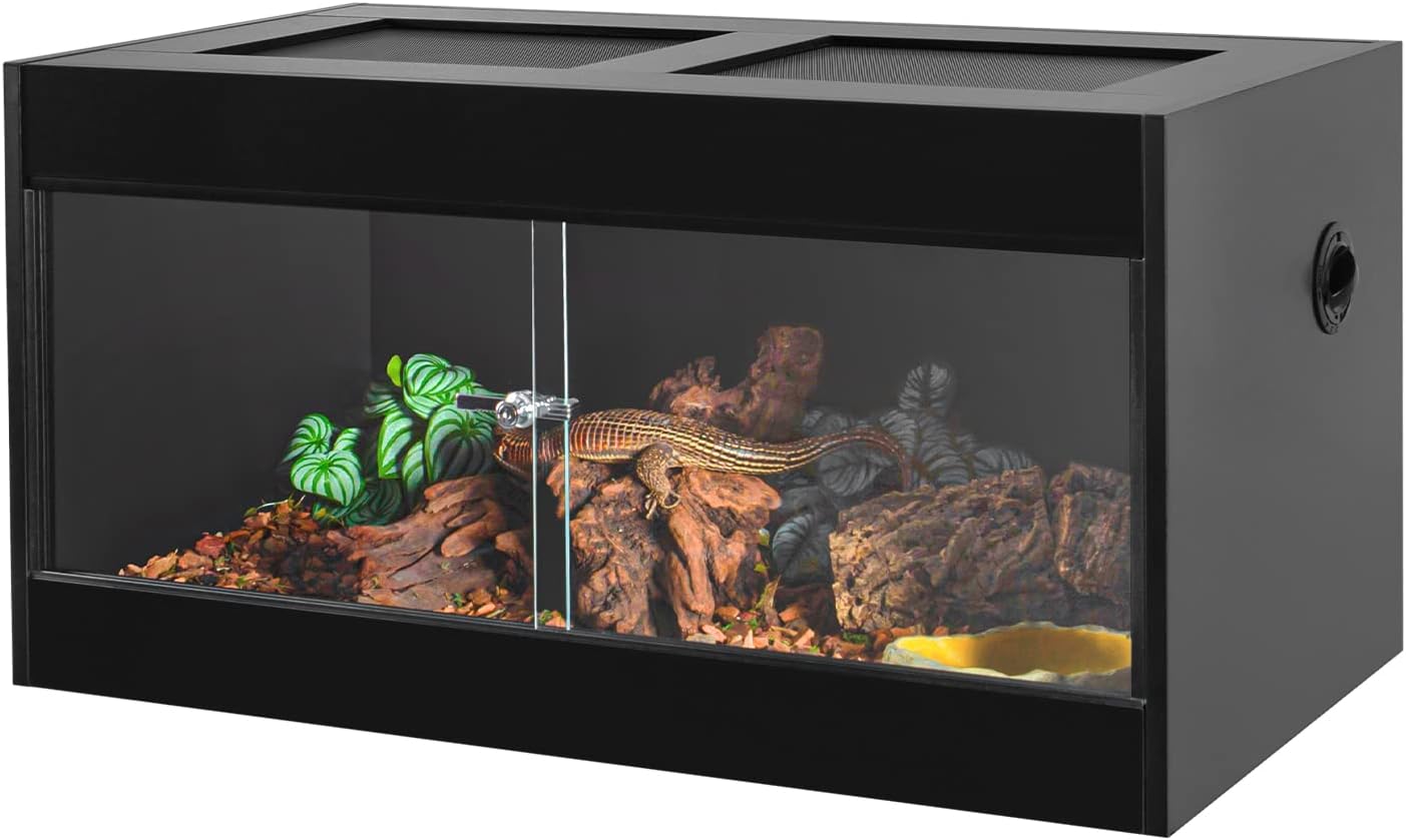 OIIBO 50 Gallon Reptile Original Wood Enclosure, Reptile Terrarium with Double Hinge Sliding Doors and Top Screen Ventilation Black Reptiles Habitat Lounge (Knock-Down) (36"x18"x18")