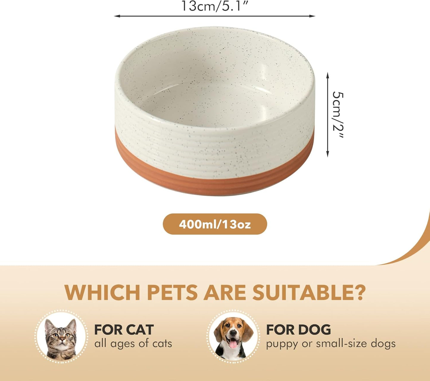 Ceramic 5.1inch Set of 2 Dog and Cat Bowls for Puppy, Kitty, Cats, 2pcs Anti-Slip Food and Water Pet Feeder(2 Bowls, Vanilla White)