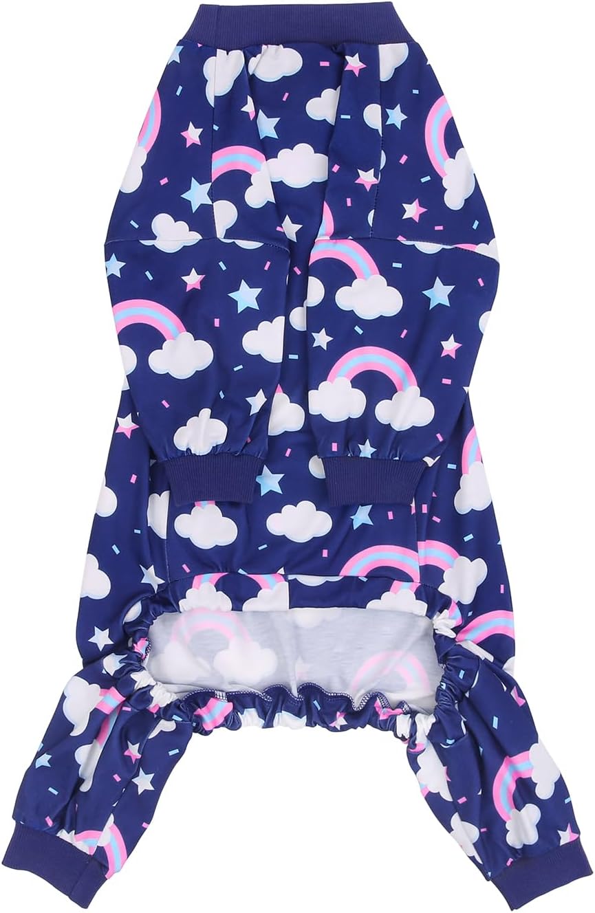 HDE Dog Pajamas One Piece Jammies Jumpsuit Pet Clothes Outfit Stretchy Lightweight Comfy Shirt Pjs for M-3XL Dogs Rainbows - L