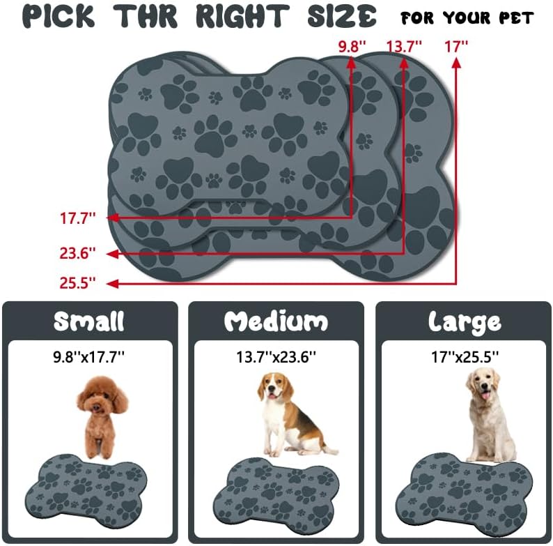 Dog Food Mats for Floors Waterproof, Pet Feeding Absorbent Water Bowl Mat Cat Placemats Gray Bone Shape 19 * 12 inch