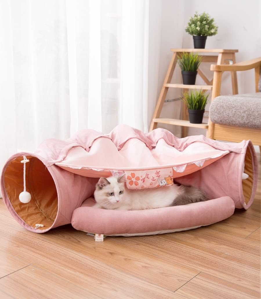 2 in 1 Cat Tunnel Bed Tube with Cushion and Plush Ball Toy Playground Crinkle Collapsible for Large Cats Kittens Kitty Puppy Small Dog Foldable Soft Pet Play Bed Indoor Outdoor- Pink Cat Tunnel Bed