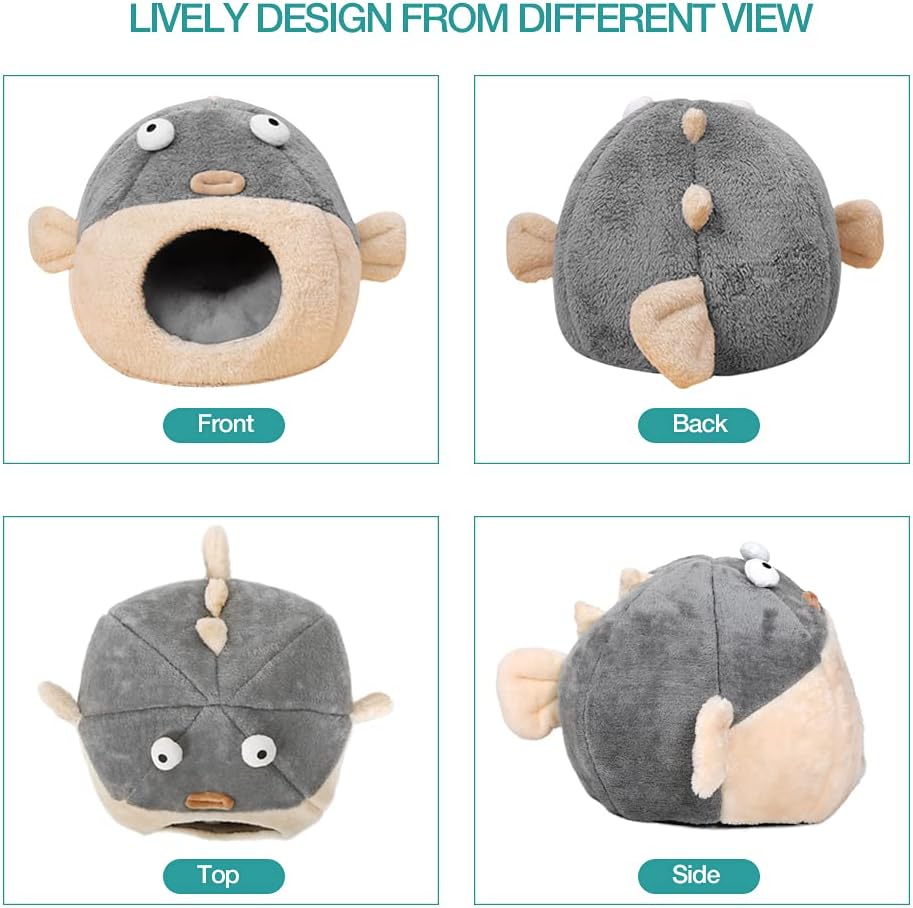 Cat Beds for Indoor Cats - Cat Bed Cave with Removable Washable Cushioned Pillow, Soft Plush Premium Cotton No Deformation Pet Bed, Lively Pufferfish Cat House Design, Grey, Multiple Sizes(L)