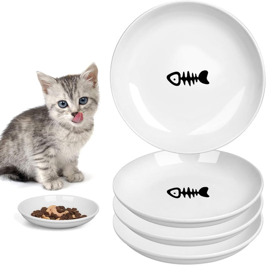 TRUVIC 4 Pack Ceramic Cat Food Bowls, 5.9 Inch Ceramic Cat Dishes Set for Indoor Cats and Small Dogs, Anti Whisker Fatigue Kitten Bowls, Wide Shallow Kitten Plates for Food and Water (Fishbone)