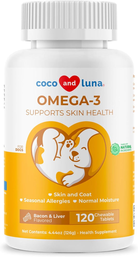 Omega 3 Fish Oil for Dogs - 120 Chewable Tablets - with Omega 3, 6, and 9, Vitamin E for Dog Shedding, Itchy, Dry Skin, Joint & Heart Support