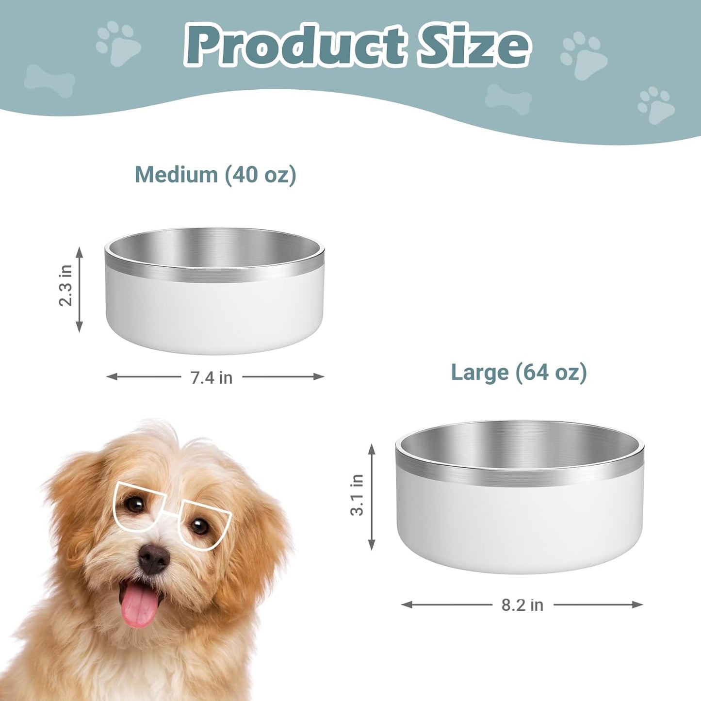 LIANLAI Dog Water Bowl, Rust-Resistant Stainless Steel Dog Bowls, Non-Slip Pet Dishes for Medium Puppys, Double-Walled Puppy Bowls (White，40 oz)
