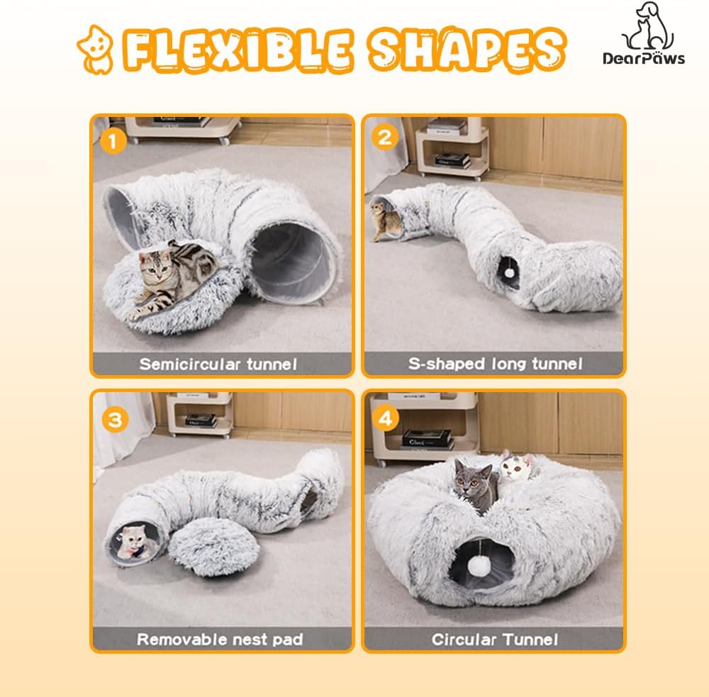 Cat Tunnel with Bed for Indoor Use Under Christmas Tree Soft Plush Cat Cave Donut Tunnel, Multifunctional Playground Toys Hideplace for Kittens, Rabbit, Ferret (Grey)