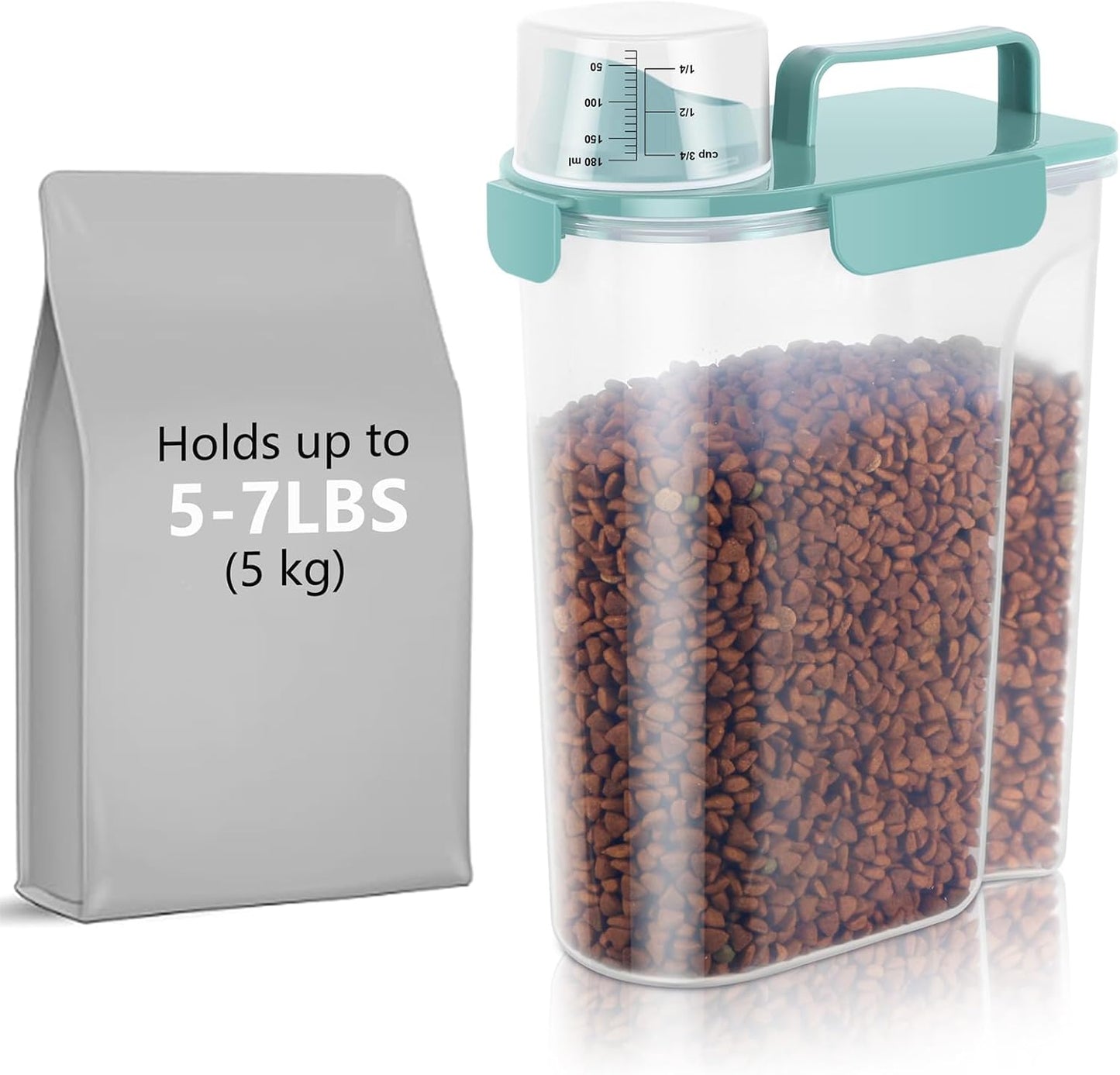 5-7Lbs Dog Cat Food Storage Container with Upgraded Large Nozzle BPA-free, 4 Snap Seals Plastic Pet Food Storage Containers with Handles (1, Elegant Blue, 5L)
