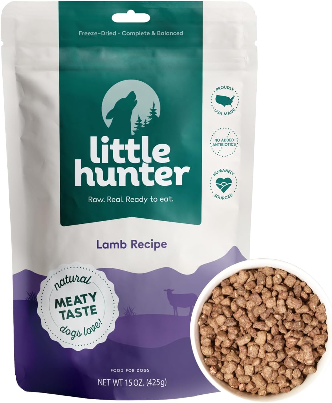 Little Hunter Freeze Dried Lamb Raw Dog Food | Grain Free, Limited Ingredient, Single Protein Meal or Mix in Topper | Novel Protein Kibble Alternative | 15 oz Bag
