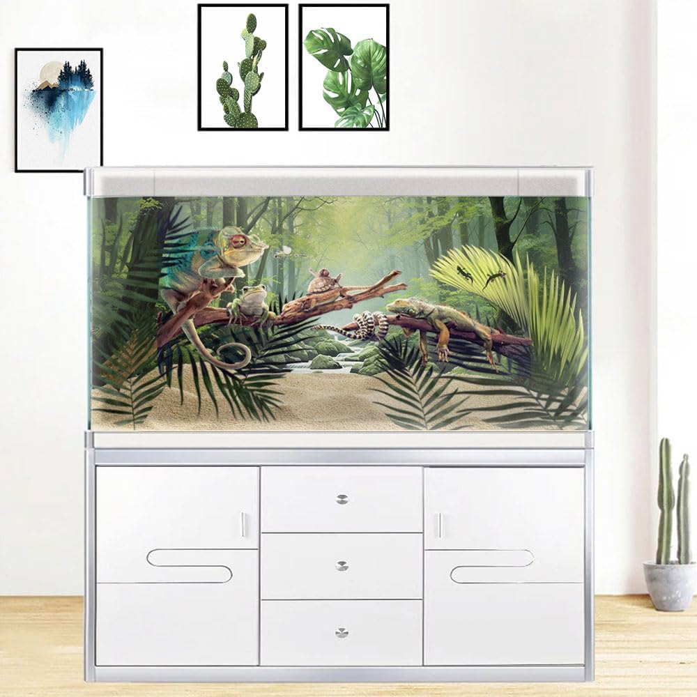 36X20IN Tropical Forest Terrarium Background, Natural Green Forest Tree Reptile Habitat Background, Misty Rainforest Aquarium Background, with 8 EVA Double-Sided Tape
