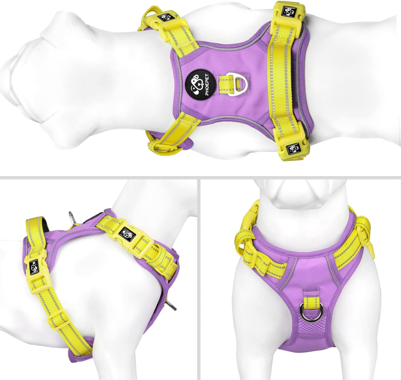 PHOEPET No Pull Dog Harness, Unique Colors Reflective Adjustable Dog Vest, with Soft Training Handle Metal Clips for Small Medium Large Dogs (Baby Purple Base & Yellow Straps,L)