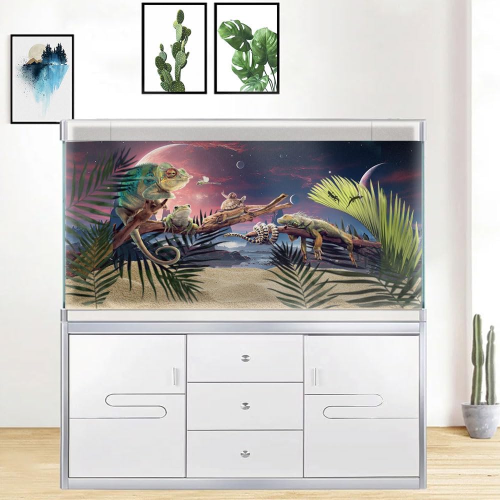 48X24IN Cosmic Spaceterrarium Background, Cool Parallel Space Themed Aquarium Reptile Habitat Background, Red Moon Aquarium Background with 10EVA Double-Sided Tape