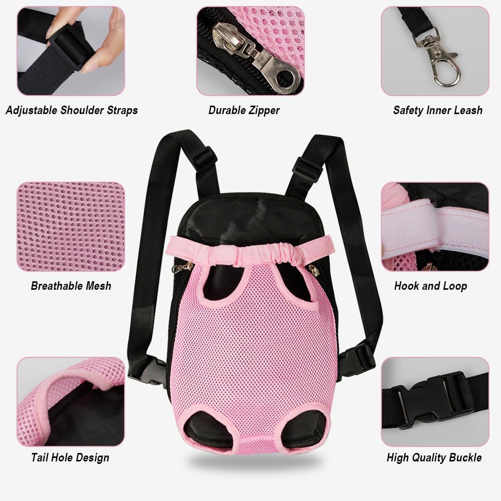 FEimaX Dog Carrier Backpack Pet Legs Out Front Cat Travel Bag, Adjustable Puppy Backpacks Carriers Hands-Free for Small Medium Dogs Cats Hiking Traveling Camping Daily Walking (Large, Pink)