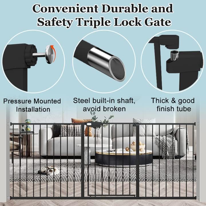 WAOWAO Triple Lock Baby Gate Extra Wide 81.49-86.22" Pressure Mounted Walk Through Swing Auto Close Safety Black Metal Dog Pet Puppy for Stairs,Doorways